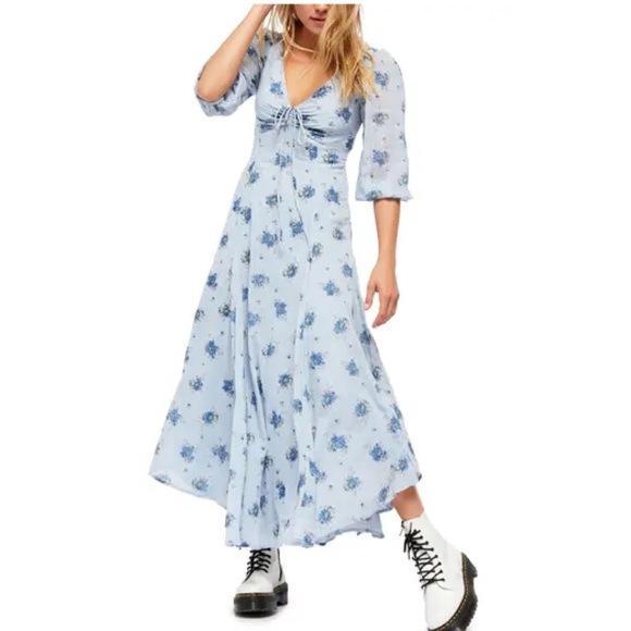NWT Free People Blue Floral Sea Glass Midi Dress - Picture 5 of 16